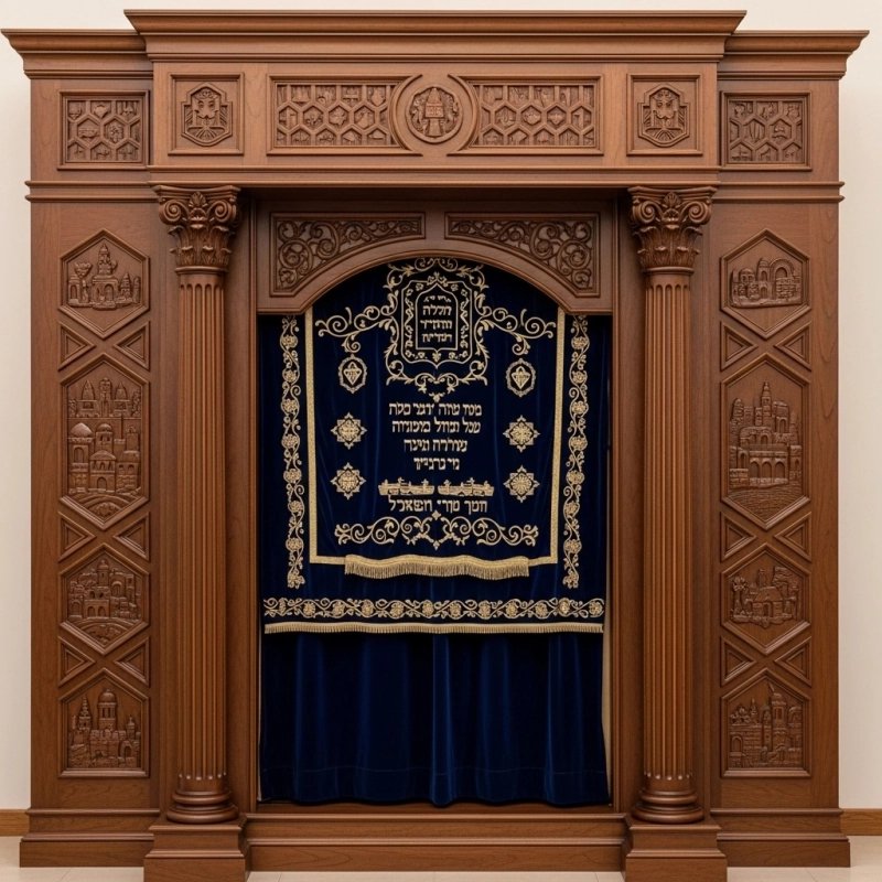 A realistic image of Mahogany Wood Aron Kodesh, Torah Ark hand carvings, image generated by Gemini-2.5-Flash.