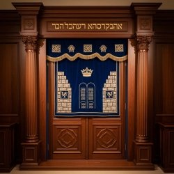 A realistic image of Mahogany Wood Aron Kodesh, Torah Ark hand carvings, image generated by Gemini-2.5-Flash.