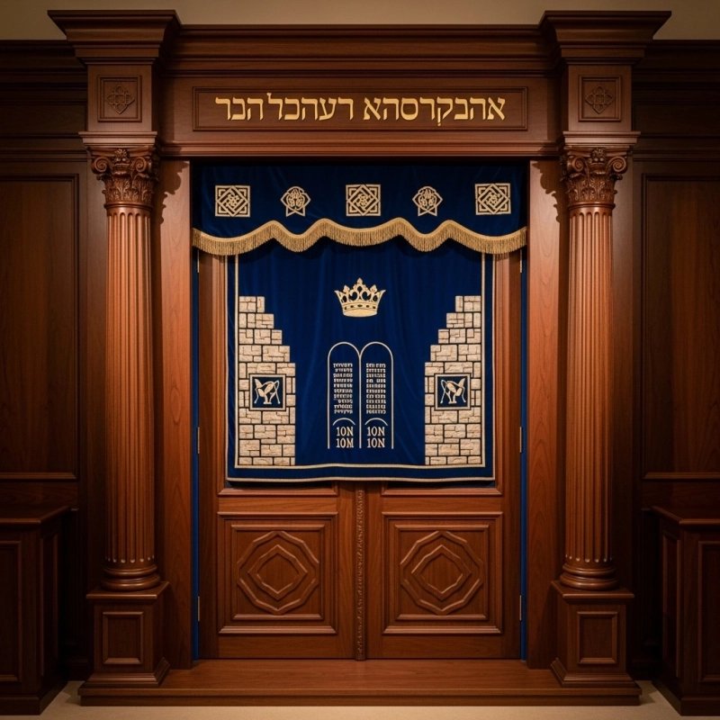 A realistic image of Mahogany Wood Aron Kodesh, Torah Ark hand carvings, image generated by Gemini-2.5-Flash.
