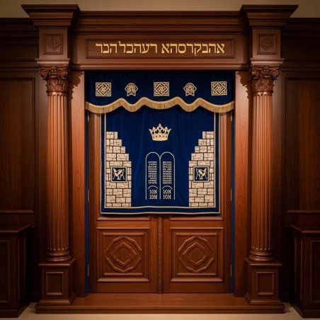 A realistic image of Mahogany Wood Aron Kodesh, Torah Ark hand carvings, image generated by Gemini-2.5-Flash.