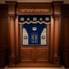 A realistic image of Mahogany Wood Aron Kodesh, Torah Ark hand carvings, image generated by Gemini-2.5-Flash.