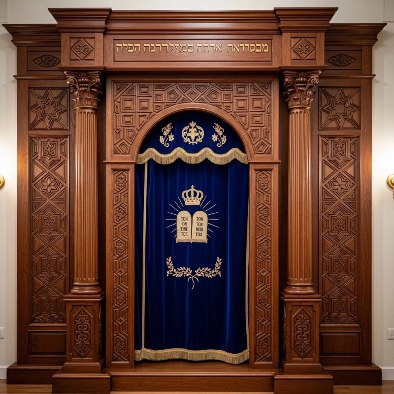 A realistic image of Mahogany Wood Aron Kodesh, Torah Ark hand carvings, image generated by Gemini-2.5-Flash.
