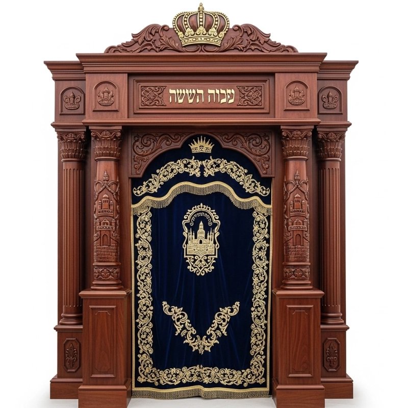 A realistic image of Mahogany Wood Aron Kodesh, Torah Ark hand carvings, image generated by Gemini-2.5-Flash.