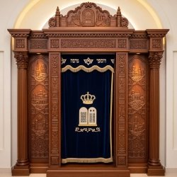 A realistic image of Mahogany Wood Aron Kodesh, Torah Ark hand carvings, image generated by Gemini-2.5-Flash.