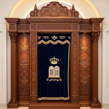 A realistic image of Mahogany Wood Aron Kodesh, Torah Ark hand carvings, image generated by Gemini-2.5-Flash.