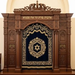 A realistic image of Mahogany Wood Aron Kodesh, Torah Ark hand carvings, image generated by Gemini-2.5-Flash.