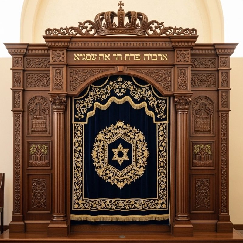 A realistic image of Mahogany Wood Aron Kodesh, Torah Ark hand carvings, image generated by Gemini-2.5-Flash.