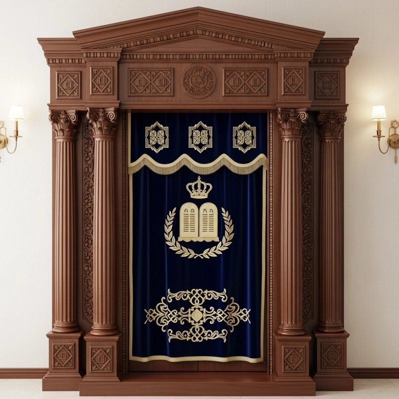 A realistic image of Mahogany Wood Aron Kodesh, Torah Ark hand carvings, image generated by Gemini-2.5-Flash.