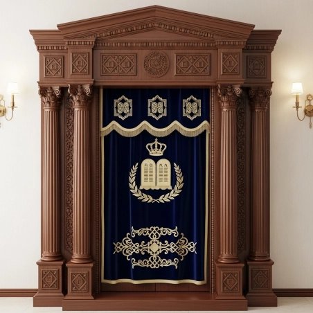 A realistic image of Mahogany Wood Aron Kodesh, Torah Ark hand carvings, image generated by Gemini-2.5-Flash.