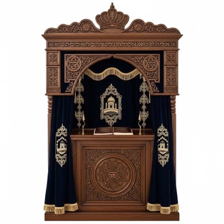 A realistic image of Mahogany Wood Aron Kodesh, Torah Ark hand carvings, image generated by Gemini-2.5-Flash.