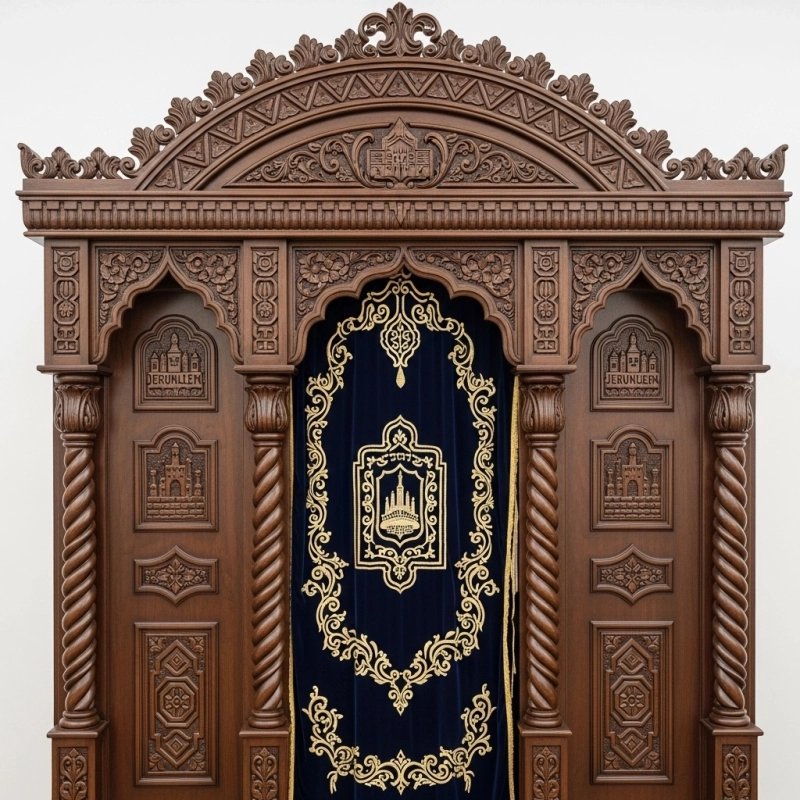 A realistic image of Mahogany Wood Aron Kodesh, Torah Ark hand carvings, image generated by Gemini-2.5-Flash.