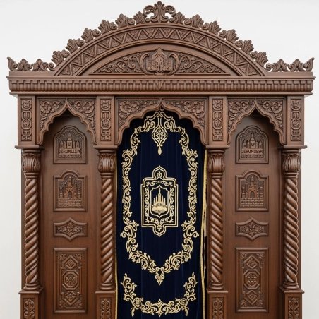 A realistic image of Mahogany Wood Aron Kodesh, Torah Ark hand carvings, image generated by Gemini-2.5-Flash.