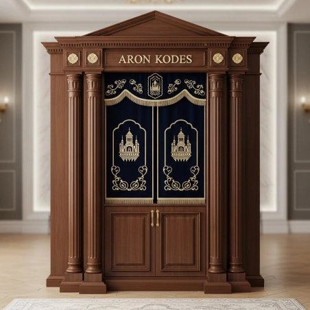A realistic image of Mahogany Wood Aron Kodesh, Torah Ark hand carvings, image generated by Gemini-2.5-Flash.