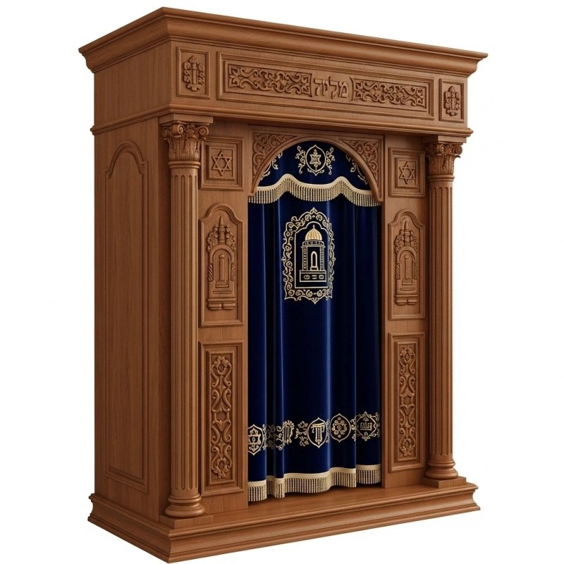 A realistic image of Mahogany Wood Aron Kodesh, Torah Ark hand carvings, image generated by Gemini-2.5-Flash.