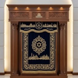 A realistic image of Mahogany Wood Aron Kodesh, Torah Ark hand carvings, image generated by Gemini-2.5-Flash.