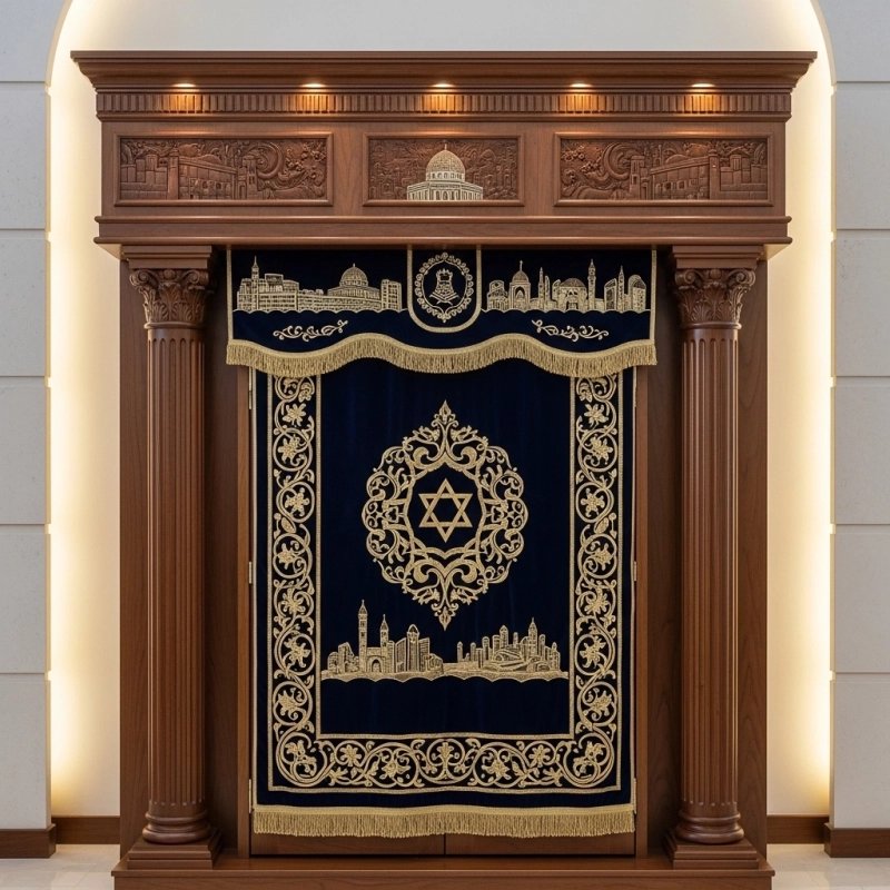 A realistic image of Mahogany Wood Aron Kodesh, Torah Ark hand carvings, image generated by Gemini-2.5-Flash.