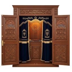 A realistic image of Mahogany Wood Aron Kodesh, Torah Ark hand carvings, image generated by Gemini-2.5-Flash.