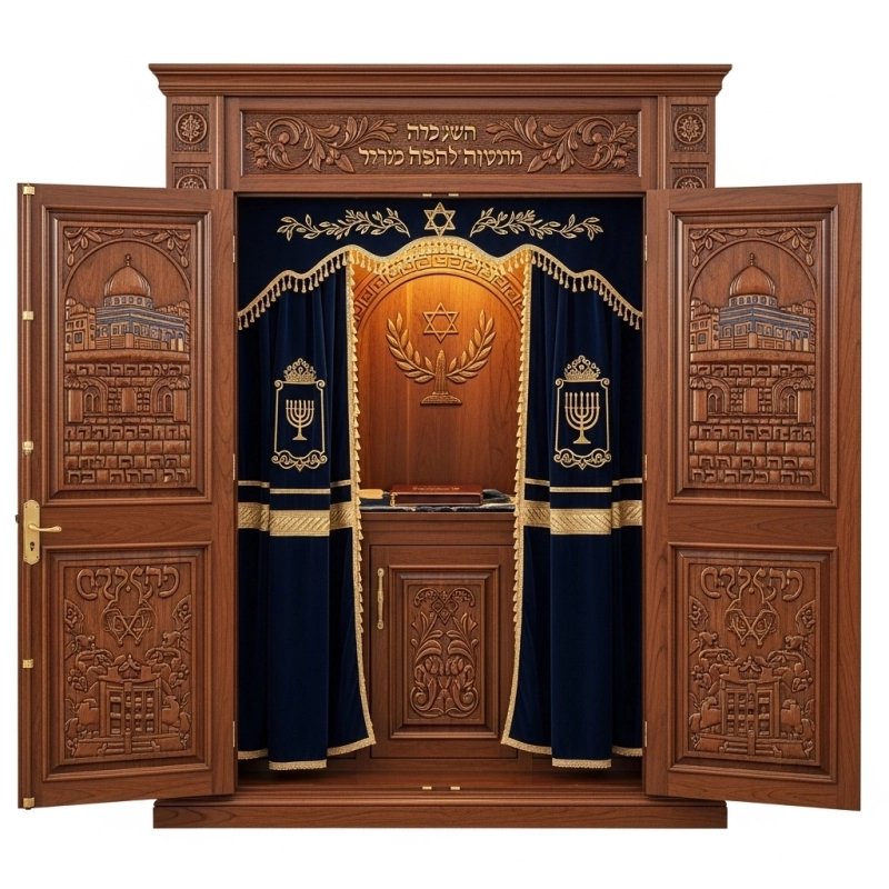 A realistic image of Mahogany Wood Aron Kodesh, Torah Ark hand carvings, image generated by Gemini-2.5-Flash.