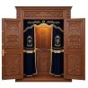 A realistic image of Mahogany Wood Aron Kodesh, Torah Ark hand carvings, image generated by Gemini-2.5-Flash.