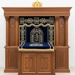 A realistic image of Mahogany Wood Aron Kodesh, Torah Ark hand carvings, image generated by Gemini-2.5-Flash.