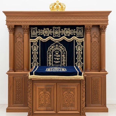 A realistic image of Mahogany Wood Aron Kodesh, Torah Ark hand carvings, image generated by Gemini-2.5-Flash.