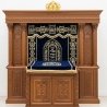A realistic image of Mahogany Wood Aron Kodesh, Torah Ark hand carvings, image generated by Gemini-2.5-Flash.