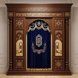 A realistic image of Mahogany Wood Aron Kodesh, Torah Ark hand carvings, image generated by Gemini-2.5-Flash.