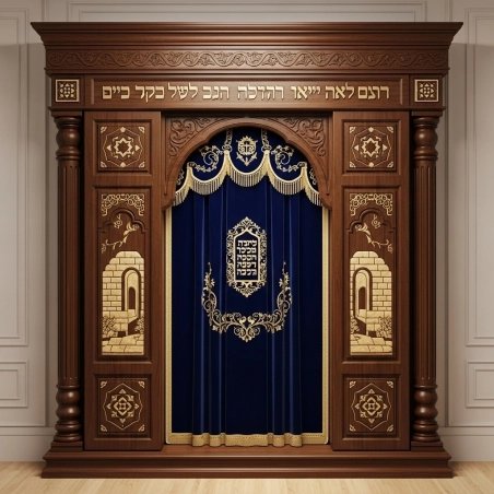 A realistic image of Mahogany Wood Aron Kodesh, Torah Ark hand carvings, image generated by Gemini-2.5-Flash.