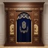 A realistic image of Mahogany Wood Aron Kodesh, Torah Ark hand carvings, image generated by Gemini-2.5-Flash.