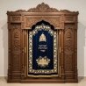 A realistic image of Mahogany Wood Aron Kodesh, Torah Ark hand carvings, image generated by Gemini-2.5-Flash.