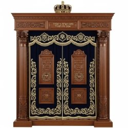 A realistic image of Mahogany Wood Aron Kodesh, Torah Ark hand carvings, image generated by Gemini-2.5-Flash.