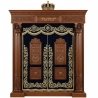 A realistic image of Mahogany Wood Aron Kodesh, Torah Ark hand carvings, image generated by Gemini-2.5-Flash.