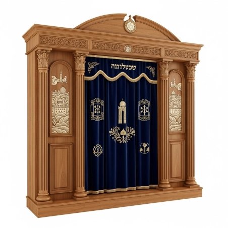 A realistic image of Mahogany Wood Aron Kodesh, Torah Ark hand carvings, image generated by Gemini-2.5-Flash.