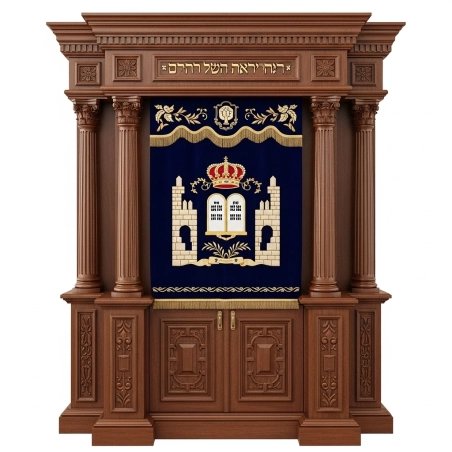 A realistic image of Mahogany Wood Aron Kodesh, Torah Ark hand carvings, image generated by Gemini-2.5-Flash.