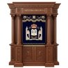 A realistic image of Mahogany Wood Aron Kodesh, Torah Ark hand carvings, image generated by Gemini-2.5-Flash.