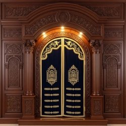 A realistic image of Mahogany Wood Aron Kodesh, Torah Ark hand carvings, image generated by Gemini-2.5-Flash.