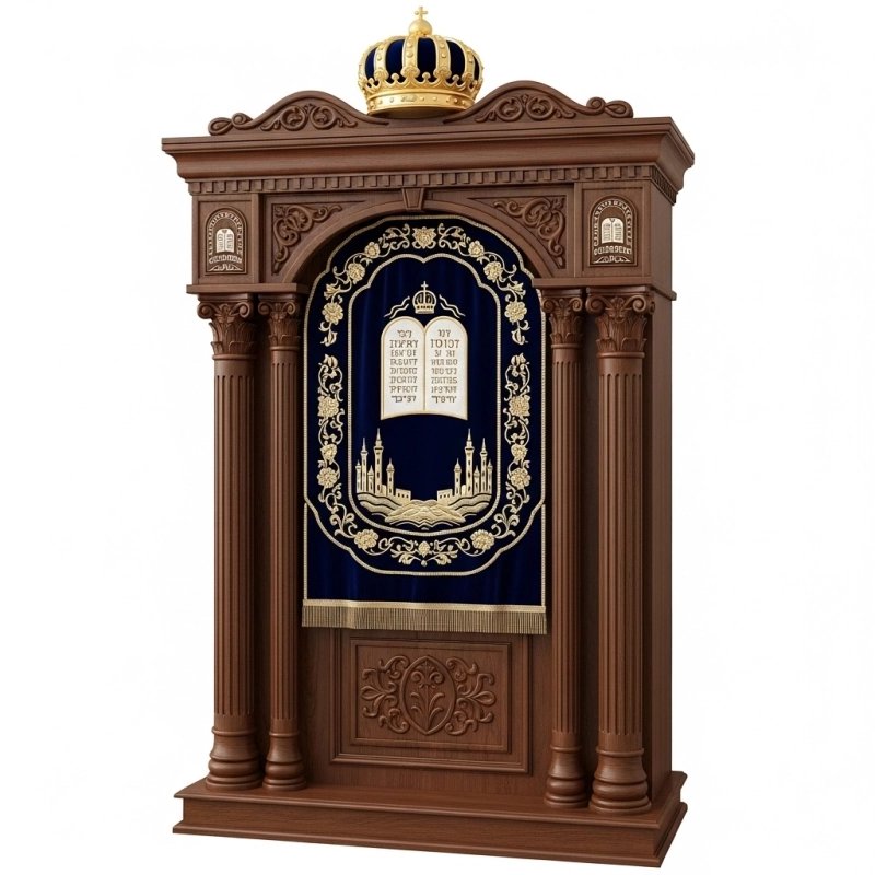 A realistic image of Mahogany Wood Aron Kodesh, Torah Ark hand carvings, image generated by Gemini-2.5-Flash.