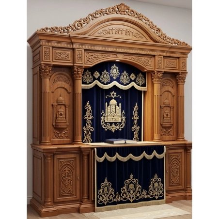 A realistic image of Mahogany Wood Aron Kodesh, Torah Ark hand carvings, image generated by Gemini-2.5-Flash.