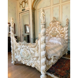 Luxury painted bed with intricate carvings Mulyoharjo Furniture White-Labeled