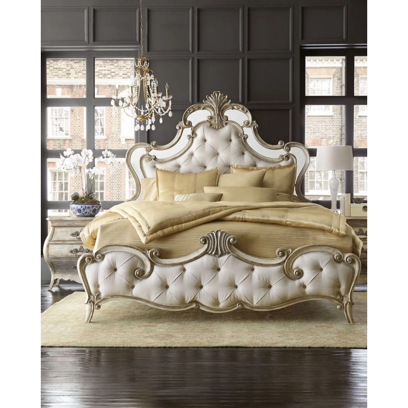 Elegant luxury hand-carved bed with painted design Mulyoharjo Furniture Exporter