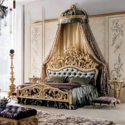 Luxury carved bed with intricate painted accents Mulyoharjo Furniture White-Labeled