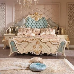 Luxury carved bed with intricate painted accents Mulyoharjo Furniture Vila