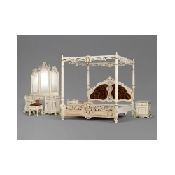 High-end classic painted bed with carved details Mulyoharjo Furniture White-Labeled