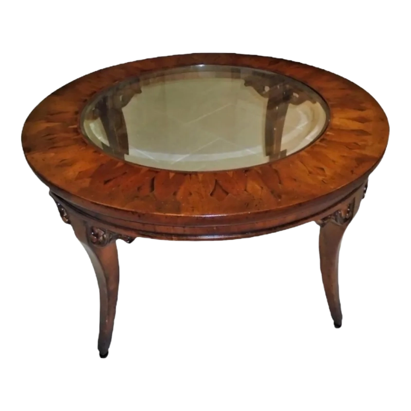 Mulyoharjo 1980s Vintage Glass and Inlaid Wood Coffee Table Furniture Supplier Indonesia