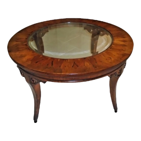 Mulyoharjo 1980s Vintage Glass and Inlaid Wood Coffee Table Furniture Supplier Indonesia