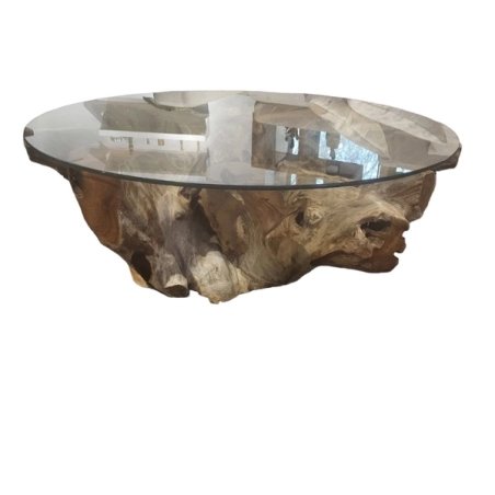 Mulyoharjo Antique Round Coffee Table in Olive Wood with Crystal Top Furniture Supplier Indonesia