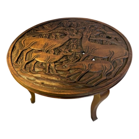 Popular Art Circular Coffee Table in Carved Wood, 1930s-1940s Furniture Supplier