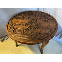 Popular Art Circular Coffee Table in Carved Wood, 1930s-1940s