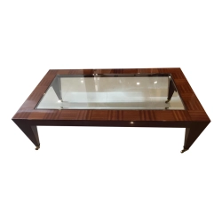 1980s Glass Inlaid in Wood Coffee Table With Brass Roller Feet Furniture Supplier