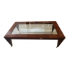 1980s Glass Inlaid in Wood Coffee Table With Brass Roller Feet Furniture Supplier